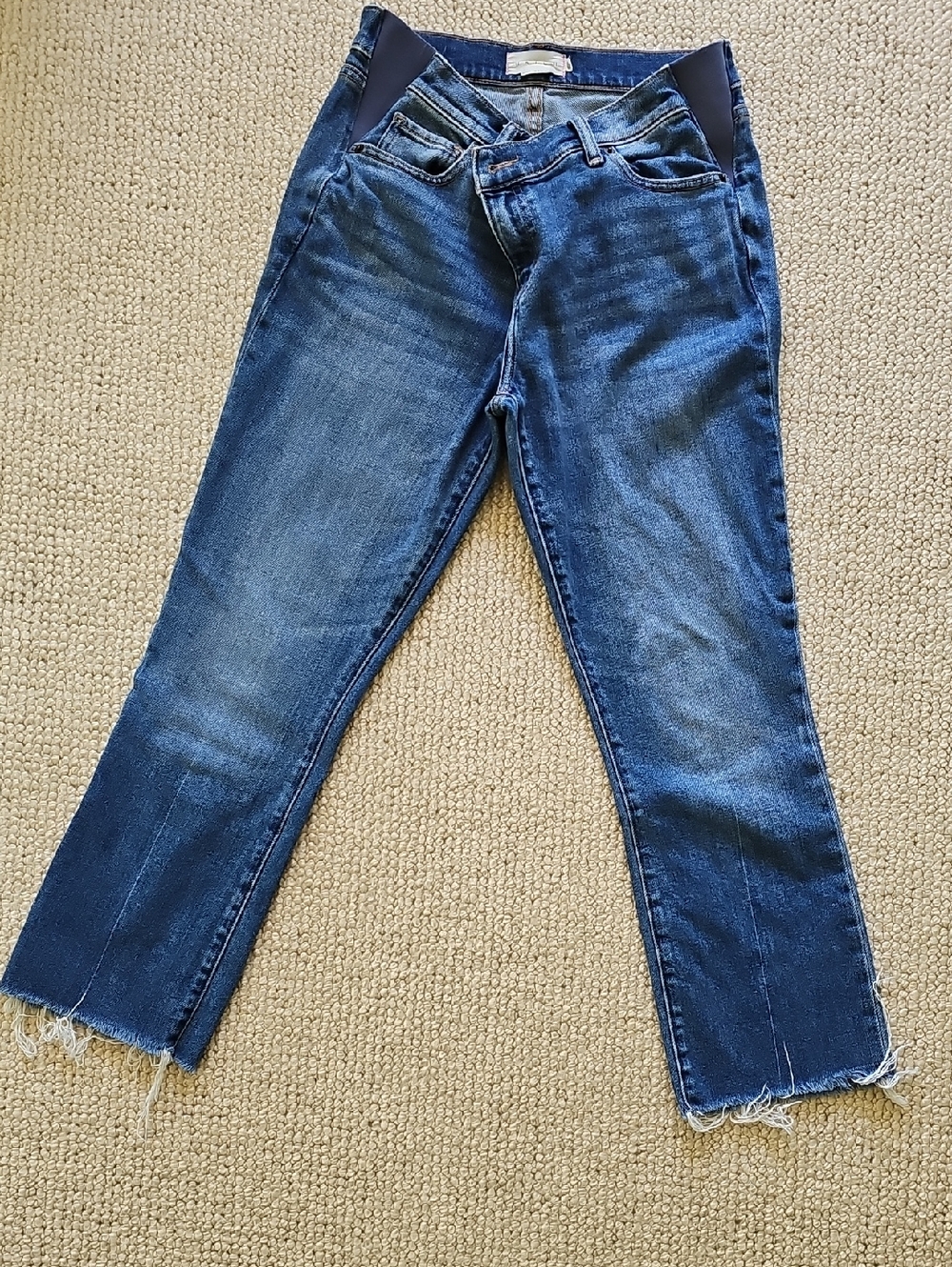 Hatch Women’s Ankle Cropped Jeans in Dark Blue with Black Waist Panels